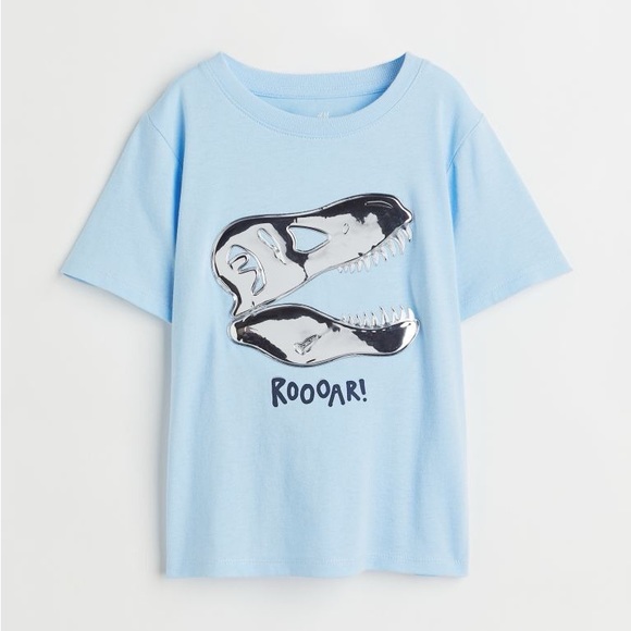 H&M Kids Light Blue Roooar Cotton SS Tee with Dinosaur Decoration - Picture 1 of 7